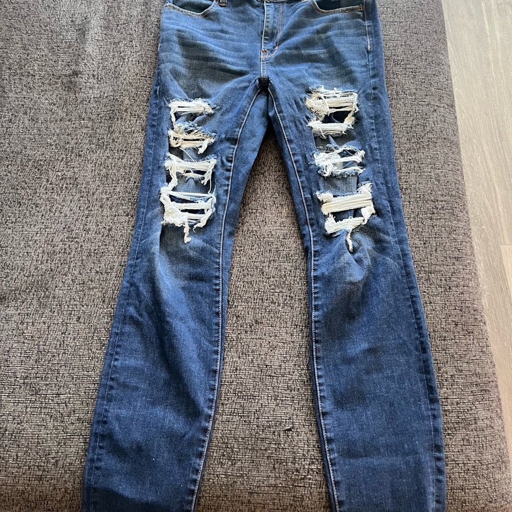 American Eagle Distressed Dark Wash Skinny Jeans- Tall